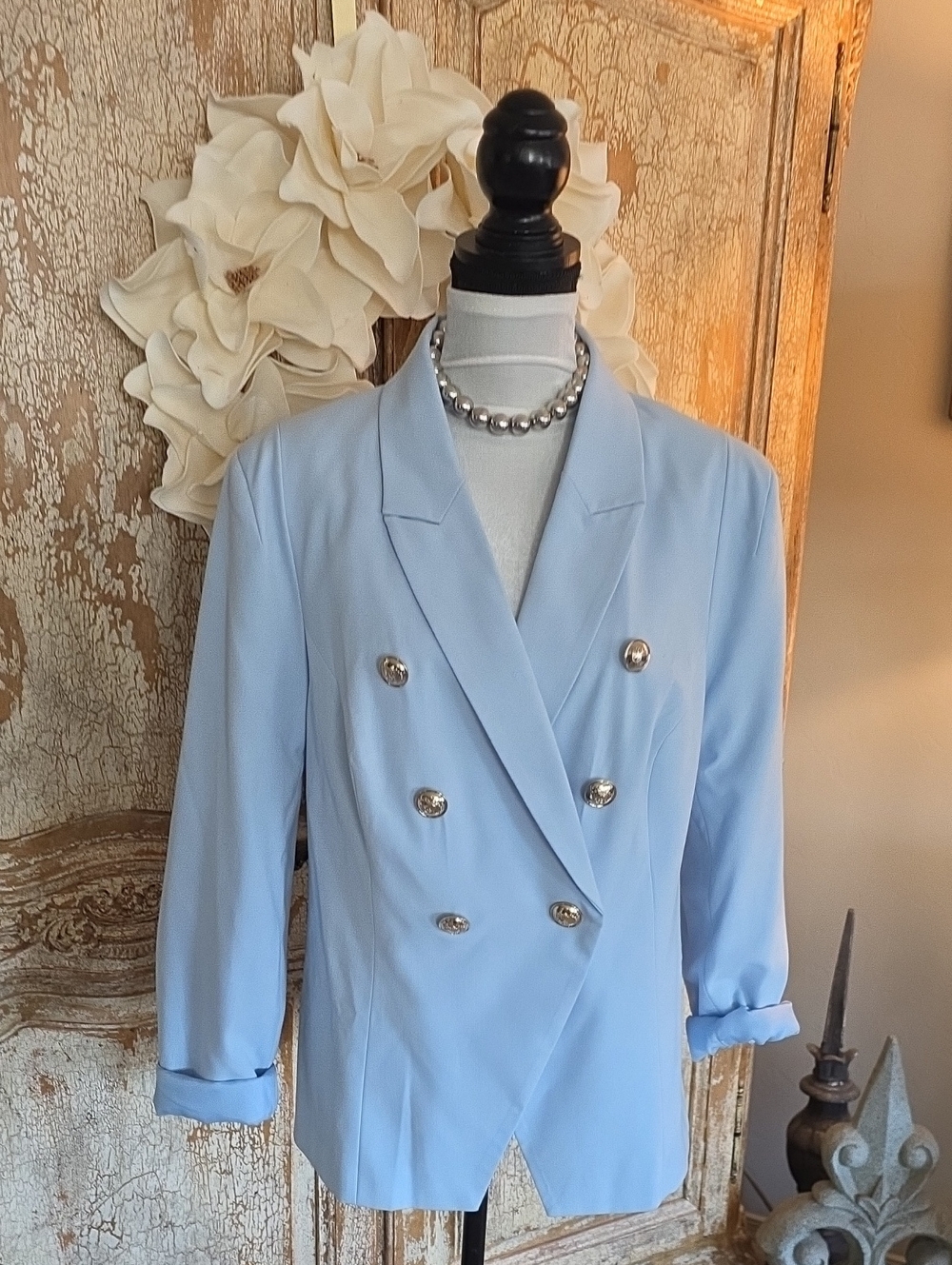 New Light Blue Double-Breasted Women's Blazer